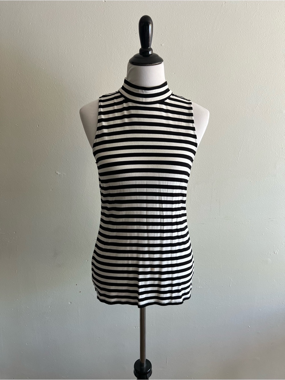 White House Black Market Black & White Striped Sleeveless Mock Neck Tank
